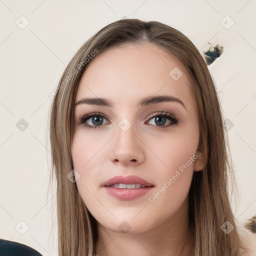 Neutral white young-adult female with long  brown hair and brown eyes