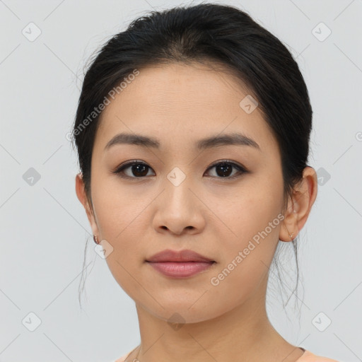 Neutral asian young-adult female with medium  brown hair and brown eyes