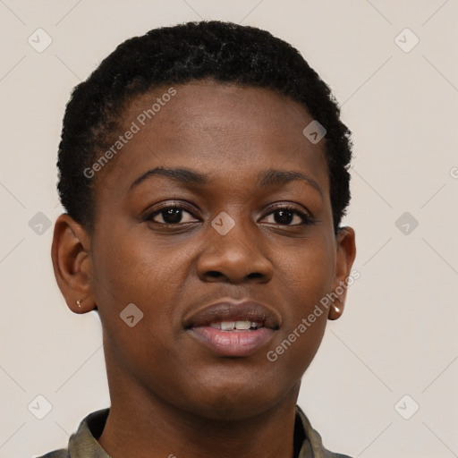 Joyful black young-adult female with short  brown hair and brown eyes