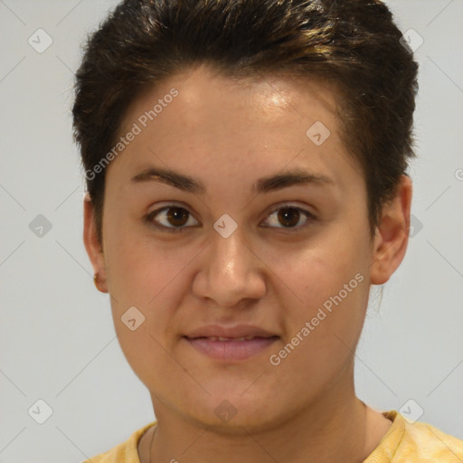 Joyful white young-adult female with short  brown hair and brown eyes