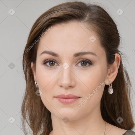 Neutral white young-adult female with medium  brown hair and grey eyes