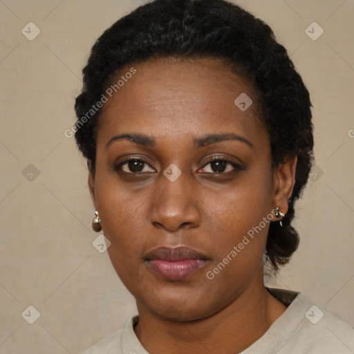 Neutral black young-adult female with short  black hair and brown eyes