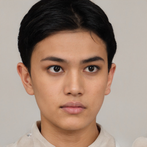 Neutral asian young-adult female with short  black hair and brown eyes