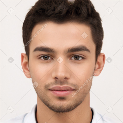 Neutral white young-adult male with short  brown hair and brown eyes