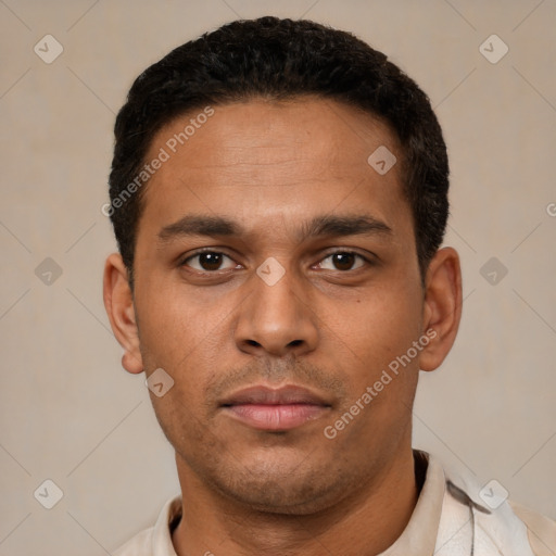 Neutral latino young-adult male with short  black hair and brown eyes