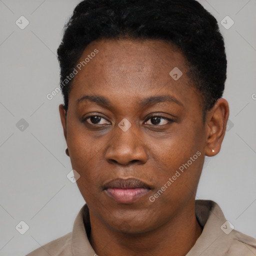 Neutral black young-adult female with short  black hair and brown eyes