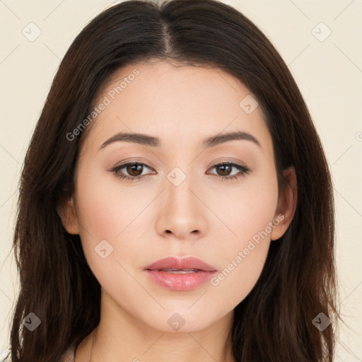 Neutral white young-adult female with long  brown hair and brown eyes