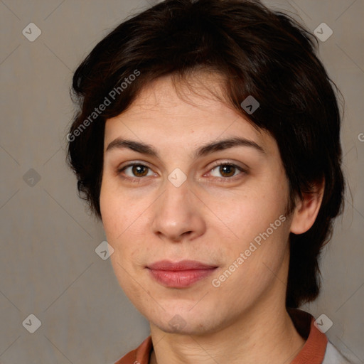 Joyful white adult female with medium  brown hair and brown eyes