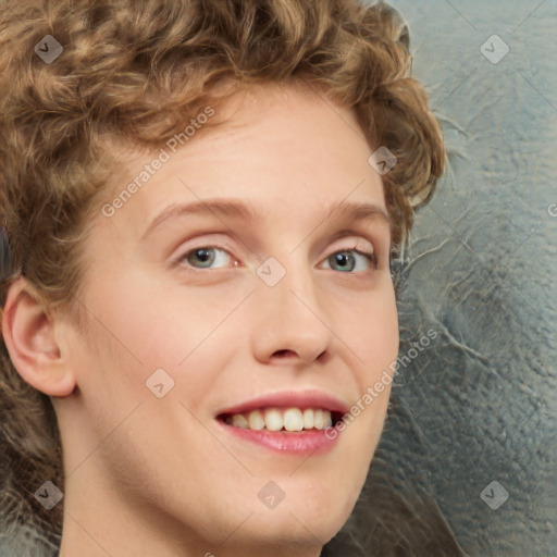 Joyful white young-adult female with medium  brown hair and green eyes