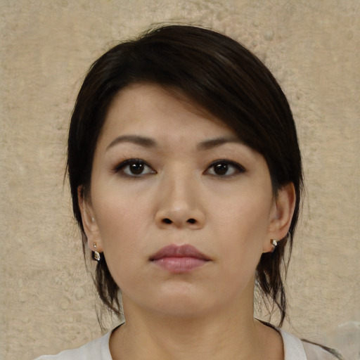 Neutral asian young-adult female with medium  brown hair and brown eyes