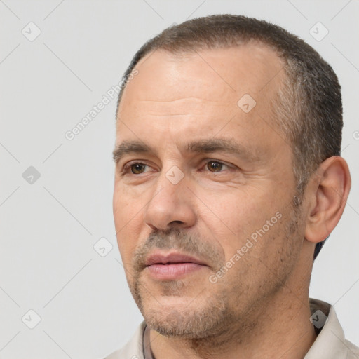 Neutral white adult male with short  brown hair and brown eyes