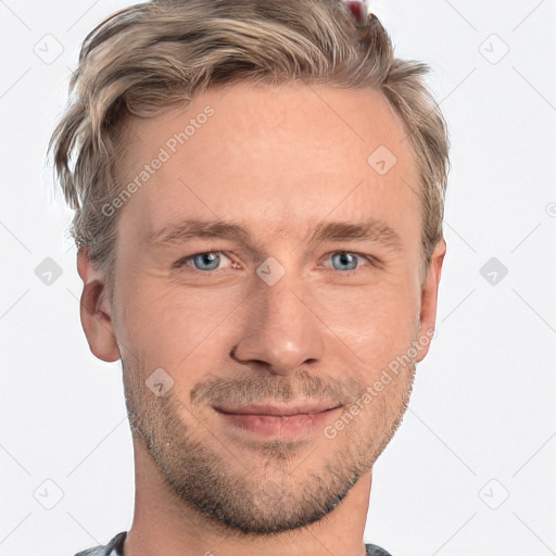 Joyful white adult male with short  brown hair and grey eyes