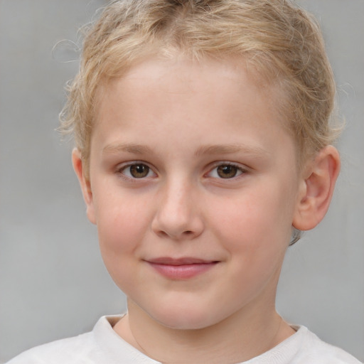 Joyful white child female with short  brown hair and brown eyes