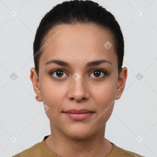 Joyful white young-adult female with short  brown hair and brown eyes