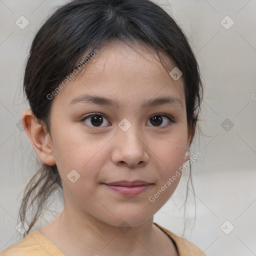 Joyful white child female with medium  brown hair and brown eyes