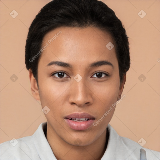 Joyful latino young-adult female with short  brown hair and brown eyes