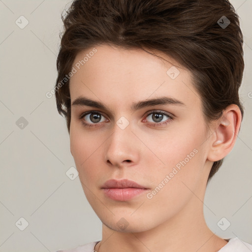 Neutral white young-adult female with short  brown hair and brown eyes