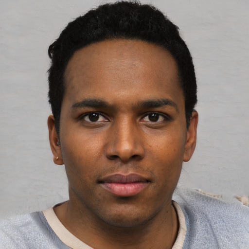 Neutral black young-adult male with short  black hair and brown eyes