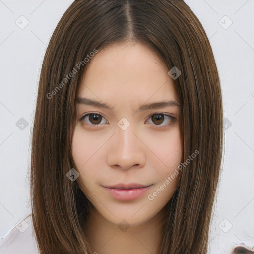 Neutral white young-adult female with long  brown hair and brown eyes