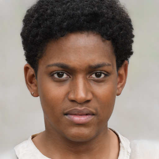 Neutral black young-adult female with short  black hair and brown eyes