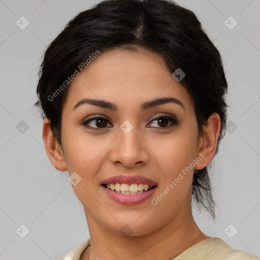 Joyful latino young-adult female with medium  brown hair and brown eyes