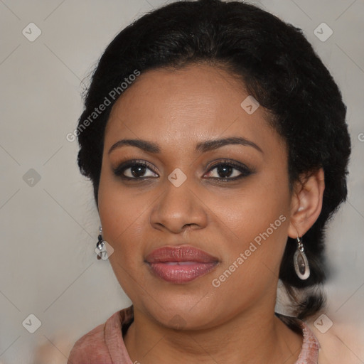 Joyful black young-adult female with medium  black hair and brown eyes