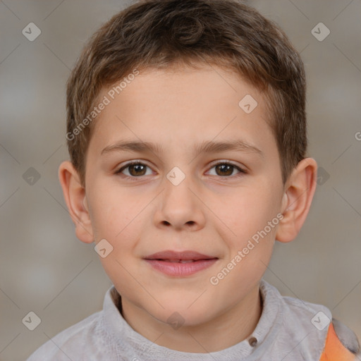 Joyful white child male with short  brown hair and brown eyes