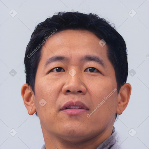 Neutral asian young-adult male with short  brown hair and brown eyes