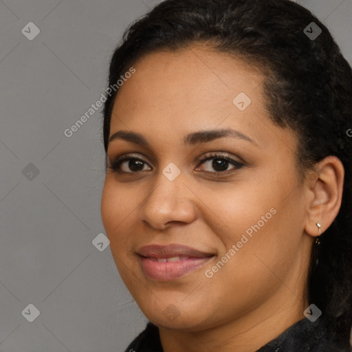 Joyful latino young-adult female with long  brown hair and brown eyes