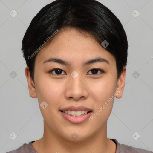 Joyful asian young-adult female with short  brown hair and brown eyes