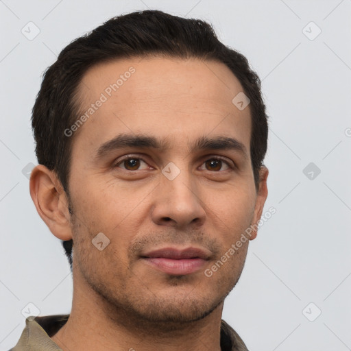 Joyful white young-adult male with short  brown hair and brown eyes