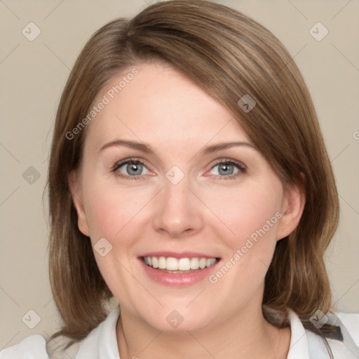 Joyful white young-adult female with medium  brown hair and green eyes