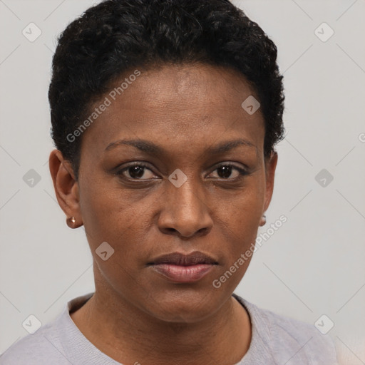 Neutral black young-adult female with short  black hair and brown eyes
