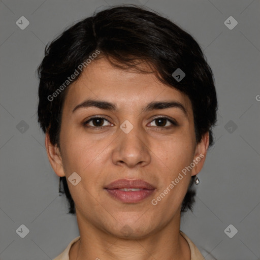 Joyful white adult female with short  brown hair and brown eyes