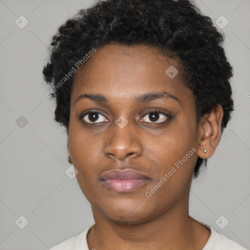 Neutral black young-adult female with short  black hair and brown eyes