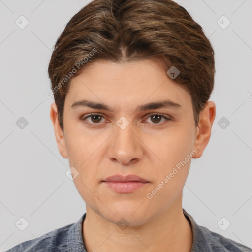 Neutral white young-adult male with short  brown hair and brown eyes