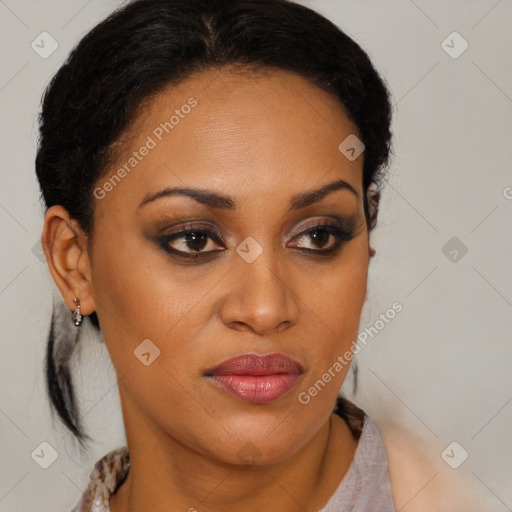 Joyful latino young-adult female with medium  brown hair and brown eyes