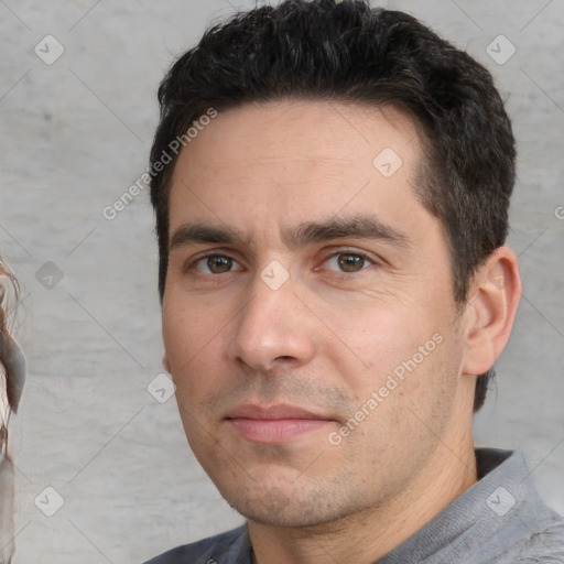 Neutral white adult male with short  brown hair and brown eyes