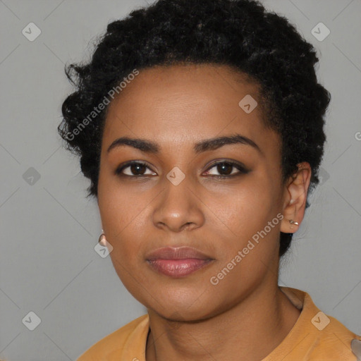 Neutral black young-adult female with short  black hair and brown eyes