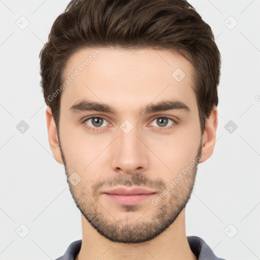 Neutral white young-adult male with short  brown hair and brown eyes