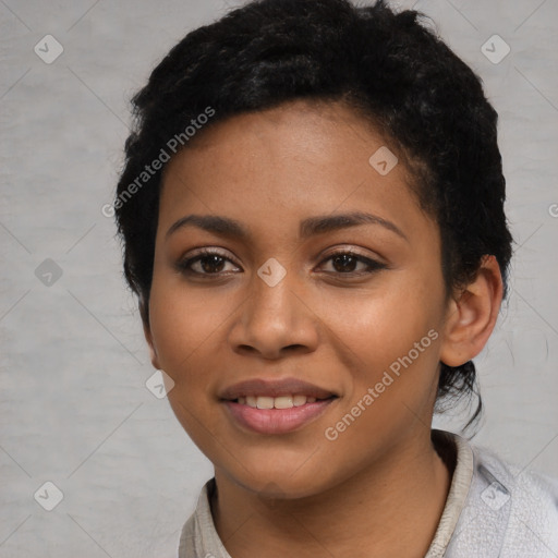 Joyful latino young-adult female with short  black hair and brown eyes