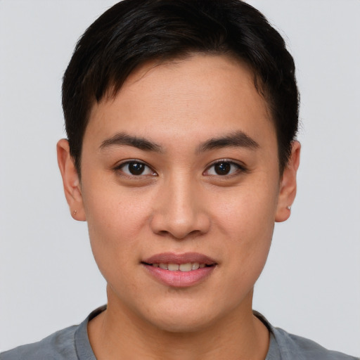 Joyful asian young-adult female with short  brown hair and brown eyes