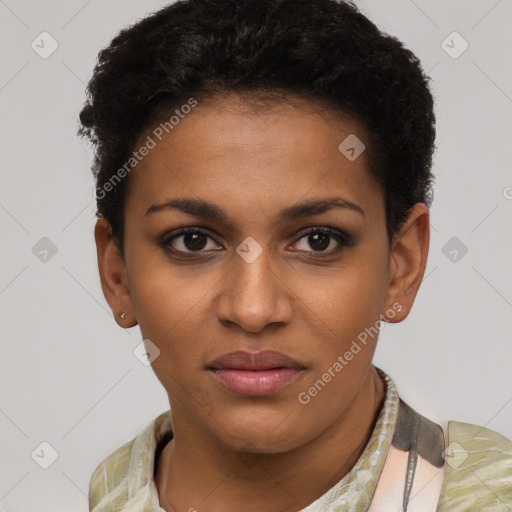 Joyful black young-adult female with short  brown hair and brown eyes