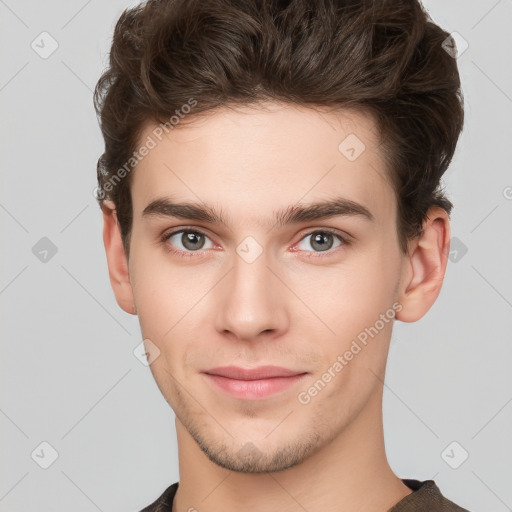 Neutral white young-adult male with short  brown hair and brown eyes