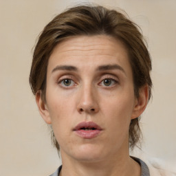 Neutral white adult female with medium  brown hair and brown eyes