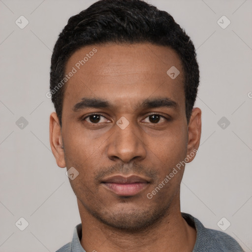 Neutral latino young-adult male with short  black hair and brown eyes