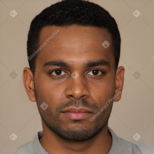 Neutral latino young-adult male with short  black hair and brown eyes