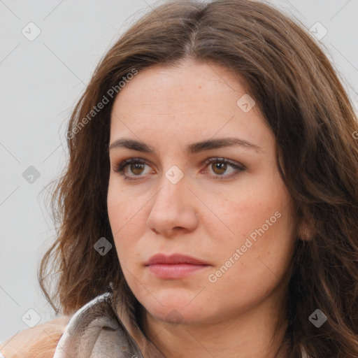 Neutral white young-adult female with long  brown hair and brown eyes