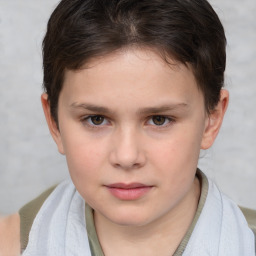 Joyful white child female with short  brown hair and brown eyes