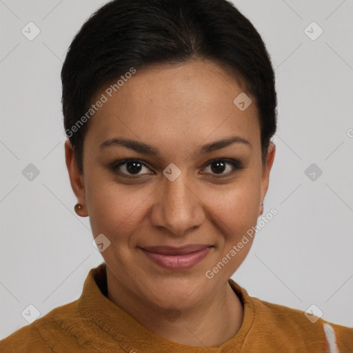 Joyful latino young-adult female with short  brown hair and brown eyes